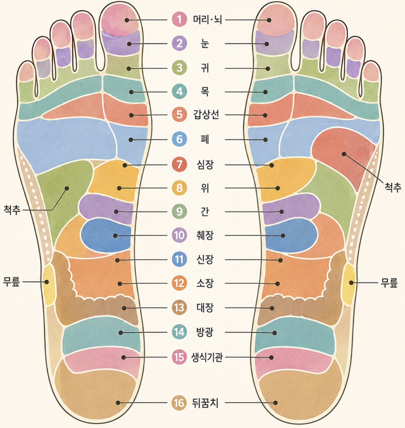 양쪽 발바닥을 색으로 구획해 머리·뇌, 눈, 귀, 목, 갑상선, 폐, 심장, 위, 간, 췌장, 신장, 소장, 대장, 방광, 생식기관, 뒤꿈치까지 번호를 매겨 표시하고 발 안쪽 라인을 척추, 바깥쪽을 무릎으로 표기한 발 반사구 도표